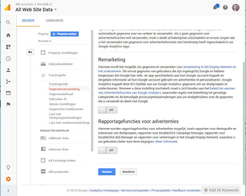 Schakel tracking uit in google analytics